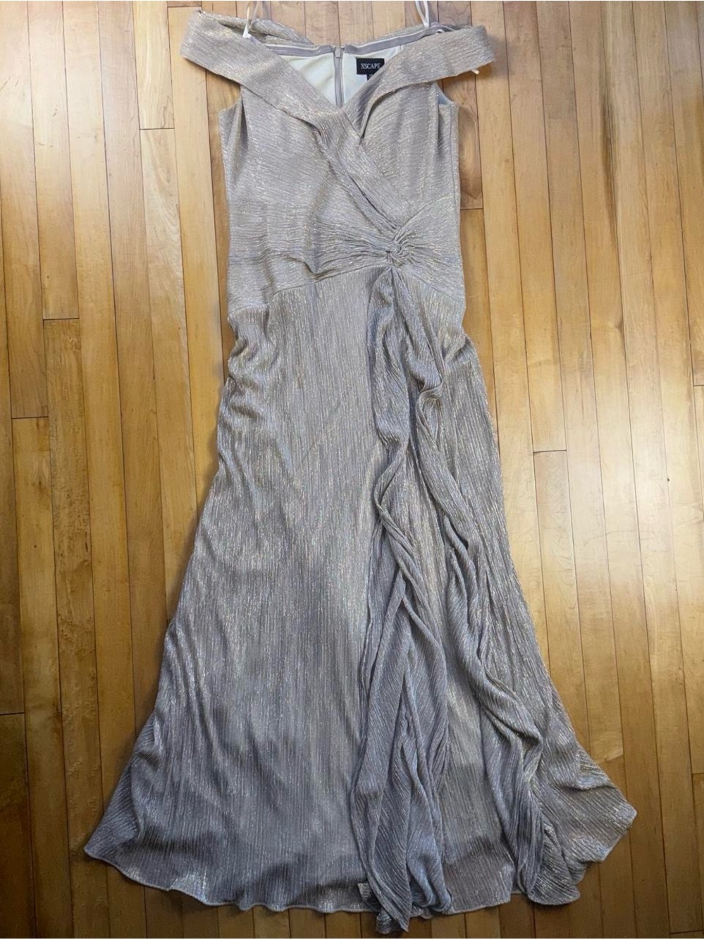 Xscape Women’s 14 Gold Metallic Shimmer Off Shoulder Formal Evening Gown